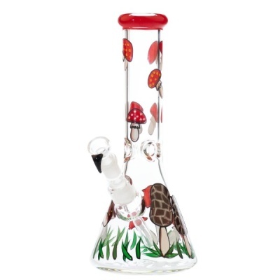Bong de vidro transparente com decoração de cogumelos vermelhos e castanhos e relva verde.