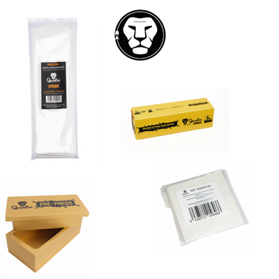 quatro produtos de embalagem para pizza com logotipo de leão