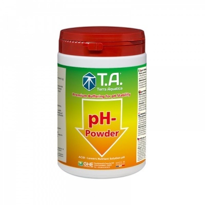 Frasco de pó para estabilidade de pH T.A. Terra Aquatica com tampa vermelha.