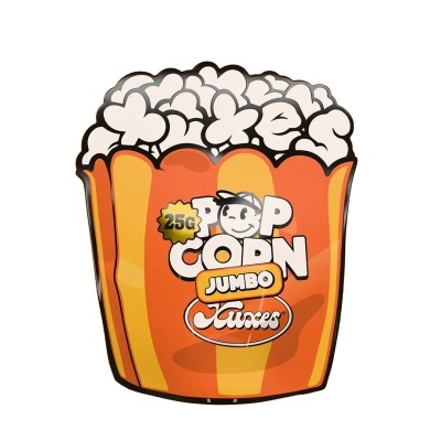 Embalagem ilustrada de pipoca jumbo laranja e amarela com texto POP CORN 25G JUMBO Mixes