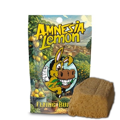 Embalagem vibrante com desenho de burro e texto AMNESIA Lemon e bloco marrom claro ao lado