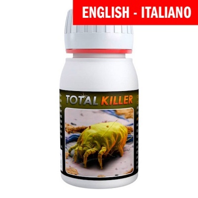 Frasco plástico branco com rótulo TOTAL KILLER e imagem de um ácaro verde ampliado