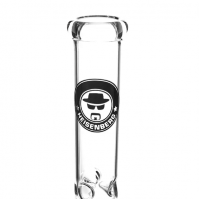 Base de cachimbo de água de vidro transparente com logótipo HEISENBERG preto e branco.