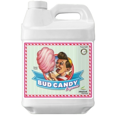 Recipiente plástico branco com rótulo colorido de produto Bud Candy Organic