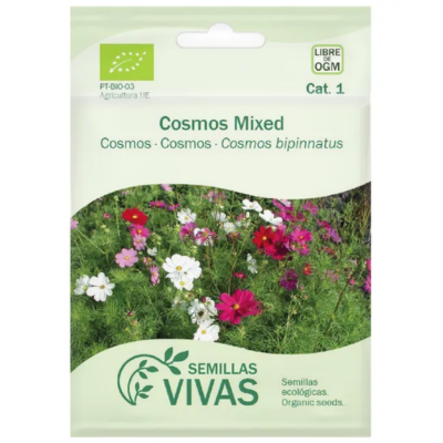 Pacote de sementes Cosmos Mixed com flores coloridas e texto informativo