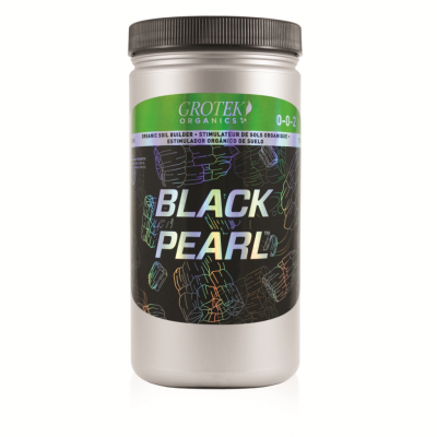 Frasco de produto Black Pearl da Grotek Organics com rótulo preto e verde