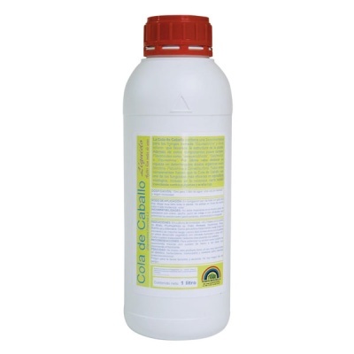 Frasco branco de Cola de Caballo com tampa vermelha e rótulo amarelo e verde