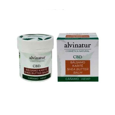 Frasco e caixa de bálsamo de manteiga de karité CBD da marca alvinatur com embalagem branca e rótulos verdes e castanhos.