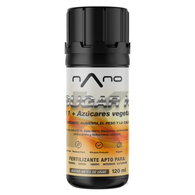 Frasco de fertilizante com tampa preta e etiqueta em espanhol com texto SUGAR K e volume 120 ml.