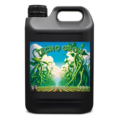 Recipiente plástico preto com rótulo colorido de plantas e texto Tecno Grow