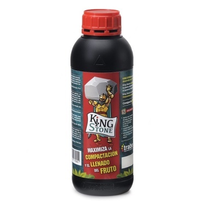 Frasco preto com tampa vermelha e etiqueta King Stone com texto e figura masculina