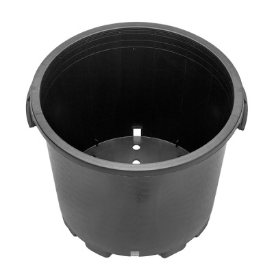 Vaso plástico preto redondo com pegas e furos no fundo