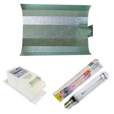 Kit de iluminação com refletor metálico, reator elétrico e lâmpada Sunmaster HPS 400 W.