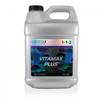 Recipiente plástico cinza com rótulo colorido Vitamax Plus