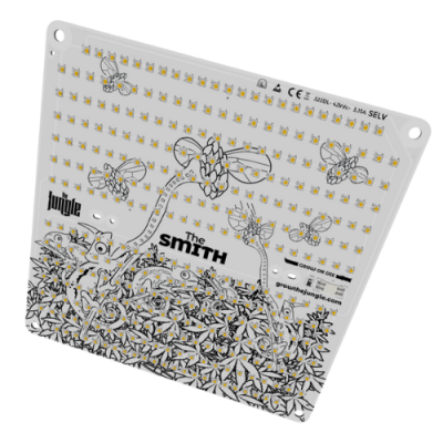 Placa eletrónica decorada com padrões de abelhas e flores e vários LEDs