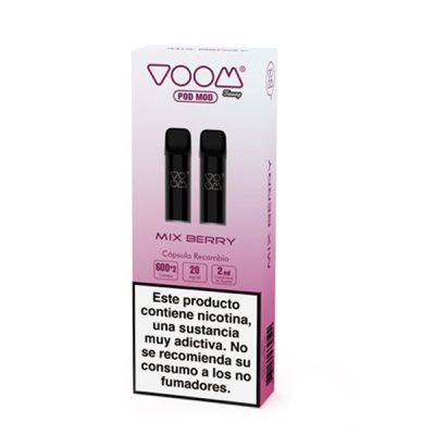 Embalagem cápsulas Voom Pod Mod Mix Berry com texto aviso nicotina
