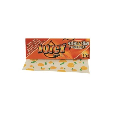 Papel de fumar JUICY JAY'S sabor Peaches & Cream em embalagem laranja com papel decorado com pêssegos amarelos
