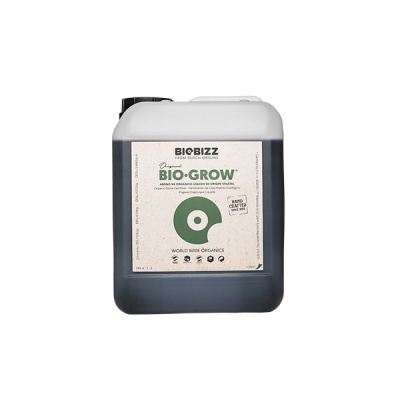 Bidão preto com rótulo branco de fertilizante orgânico BIO-BIZZ BIO-GROW