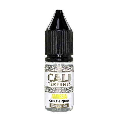 Frasco pequeno de CBD E-Liquid Cali Terpenes Amnesia com tampa preta.
