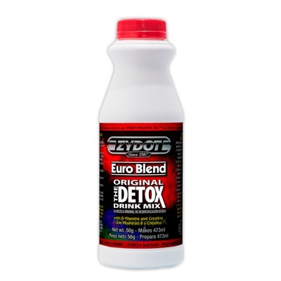 Frasco branco com tampa vermelha e rótulo preto e vermelho de bebida detox em pó.