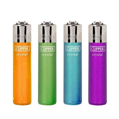 quatro isqueiros Clipper Crystal coloridos em linha