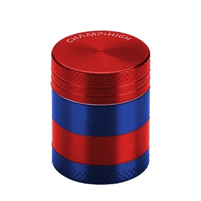 Moinho metálico vermelho e azul com texto CHAMP HIGH na tampa