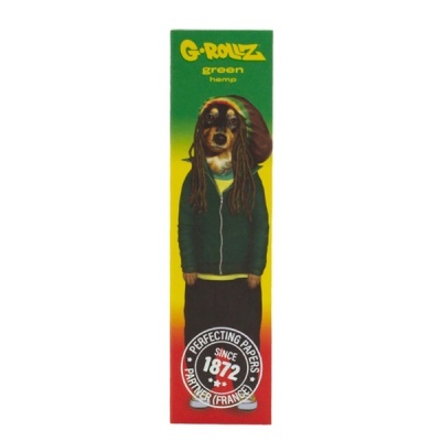 Embalagem de papéis de fumar G-ROLLZ com cão vestido e selo circular