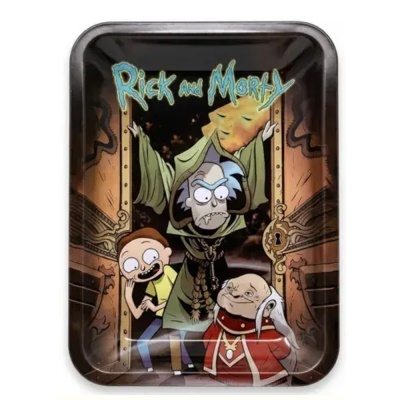 Tabuleiro metal Rick and Morty com personagens e porta ao fundo