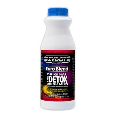 Frasco branco de ZYDOTE Euro Blend Original Detox Drink Mix com tampa azul e rótulo colorido