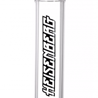 Produto de vidro transparente com texto 'HEISENBERG' impresso