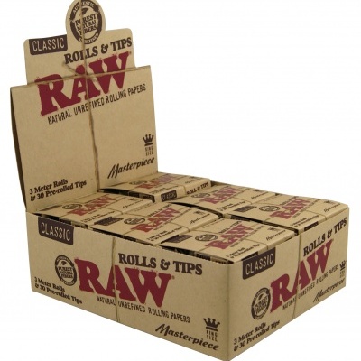 Pacotes de papel para enrolar RAW em caixa de papel castanho com texto vermelho e preto.