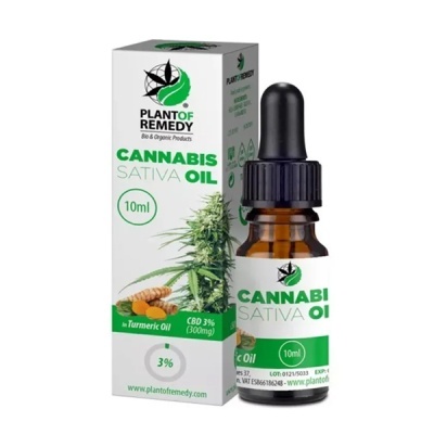 Frasco de óleo de cannabis sativa com embalagem associada
