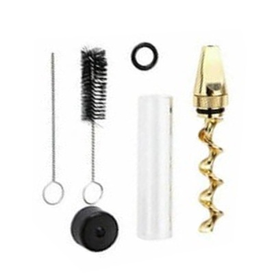 Kit com peça dourada espiral, tubo transparente, escovas e acessórios.