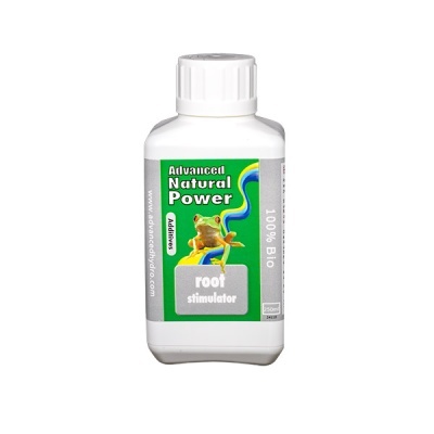 Frasco branco com rótulo verde e cinzento de suplemento para raízes