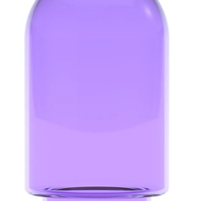 Recipiente roxo translúcido com tampa arredondada e base transparente
