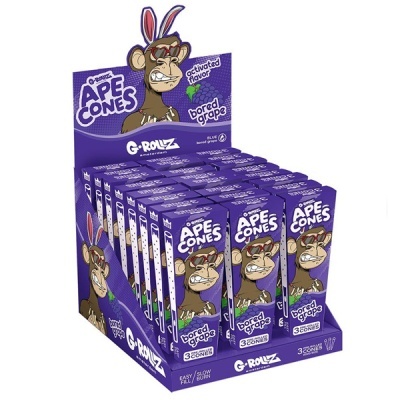 Embalagens roxas de cones G-rollz Ape Cones com desenho de macaco e texto de sabor