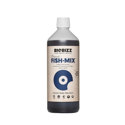 Frasco plástico preto com rótulo bege de fertilizante orgânico líquido Fish-Mix da Biobizz