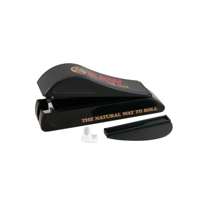 Dispositivo manual preto para enrolar cigarros com texto 'RAW THE NATURAL WAY' e acessórios