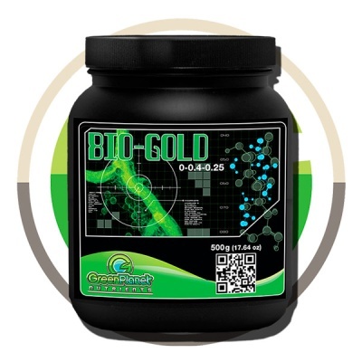 Frasco preto de suplemento BIO-GOLD da Green Planet Nutriente com rótulo verde e preto