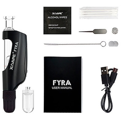 Kit vape XXVAPE FYRA com manual, cabo USB, alcool wipes e acessórios pequenos.