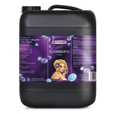 Recipiente preto grande com rótulo roxo do produto ATAMI BLOOMBASTIC.