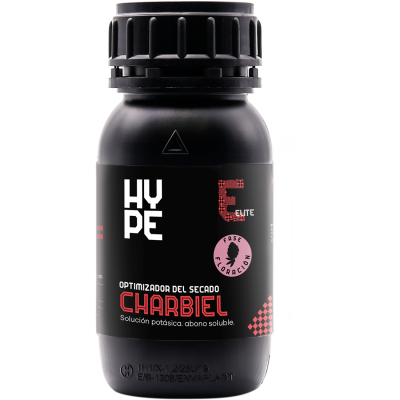 Frasco preto com rótulo preto e texto vermelho e branco, produto HYPE ELITE CHARBIEL.