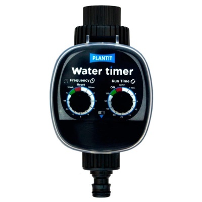 Temporizador de rega PLANT!T preto com mostradores redondos e texto branco e azul