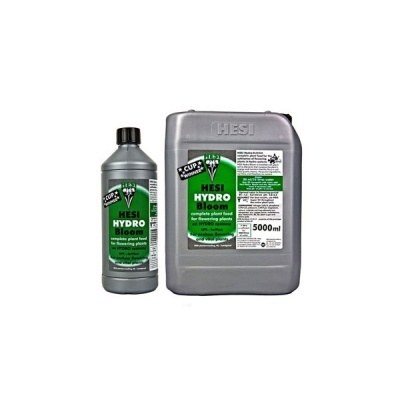 Dois recipientes de fertilizante HESI HYDRO Bloom, 1L e 5L, com etiquetas verdes