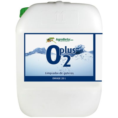 Recipiente branco de plástico com etiqueta azul e tampa verde contendo O2 plus limpiador de goteros