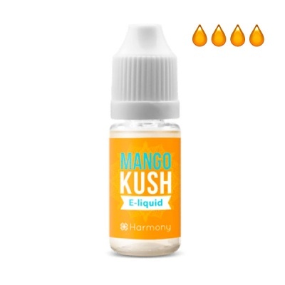 Frasco de e-líquido Mango Kush com rótulo laranja e tampa branca