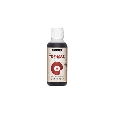 Frasco BIOBIZZ TOP-MAX com rótulo bege e símbolo vermelho circular