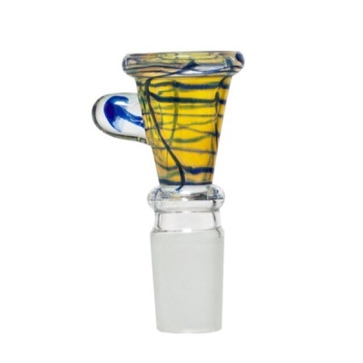 Peça cónica de vidro amarelo com riscas e pega azul, base cilíndrica fosca