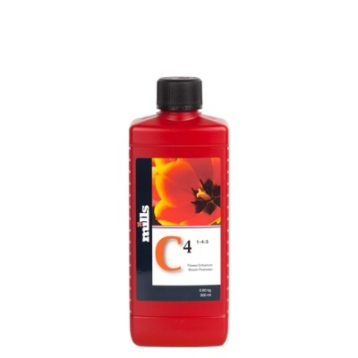 Frasco vermelho com rótulo de flor amarela e texto detalhado