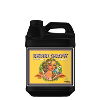 Recipiente de Sensi Grow Part A com etiqueta amarela e ilustração de mulher com flores